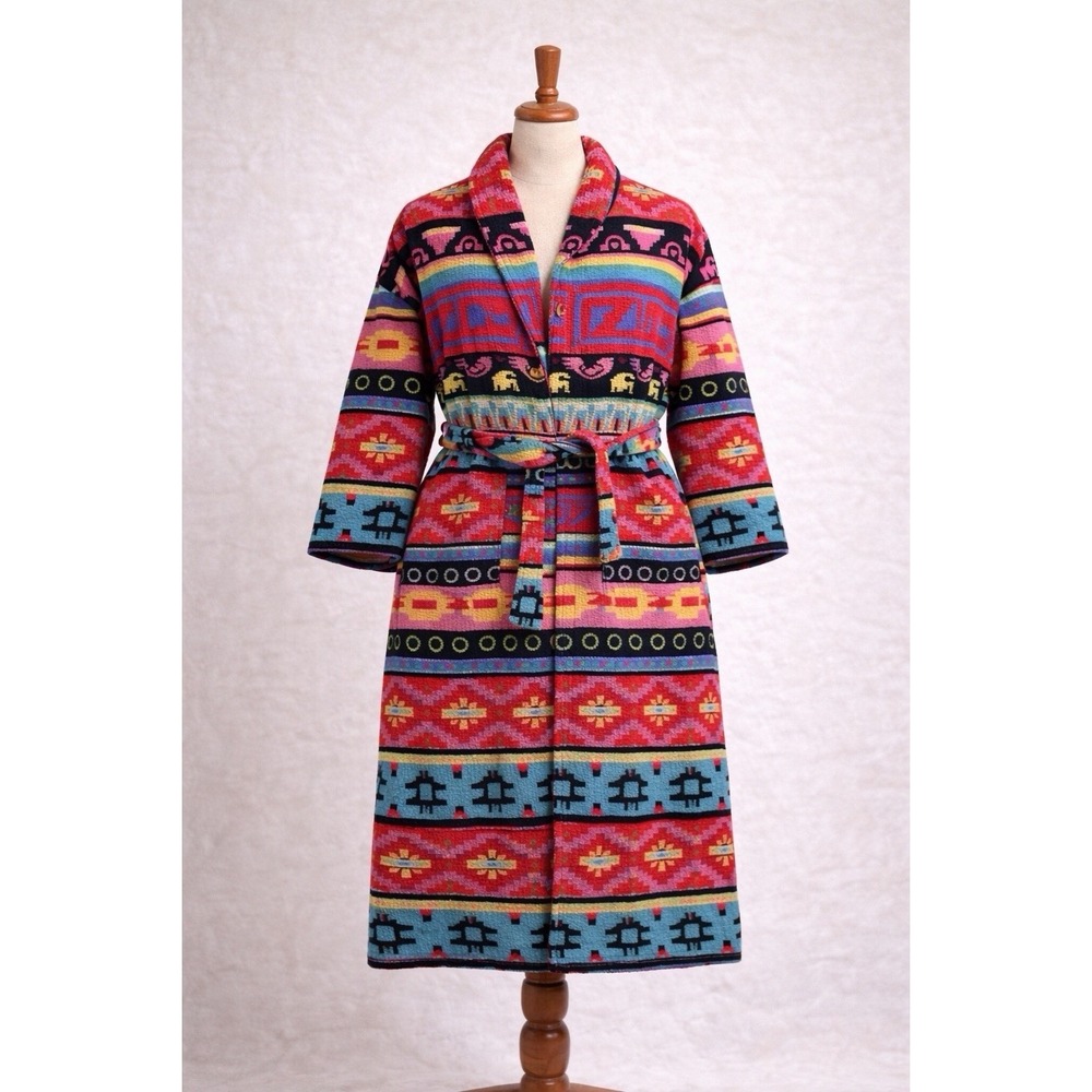 Colorful Aztec Pattern Robe - Red & Aqua Shawl Collar Bathrobe